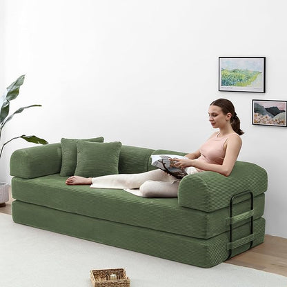 Compression Sofa - 79'' Convertible Sofa Bed, Boneless Couch in a Box, Modular Corduroy Foldable Sleeper Sofa with 2 Pillows, Loveseat Couches for Living Room (Corduroy Fabric, Dark Green)