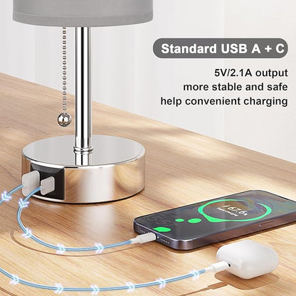 Grey Table Bedside Lamp for Bedroom Nightstand - Small Silver Lamp with USB A + C Charging Port, 3 Color Temperatures Pull Chain Night Stand Light with Bulb, Side Table Desk Lamp for Living Room