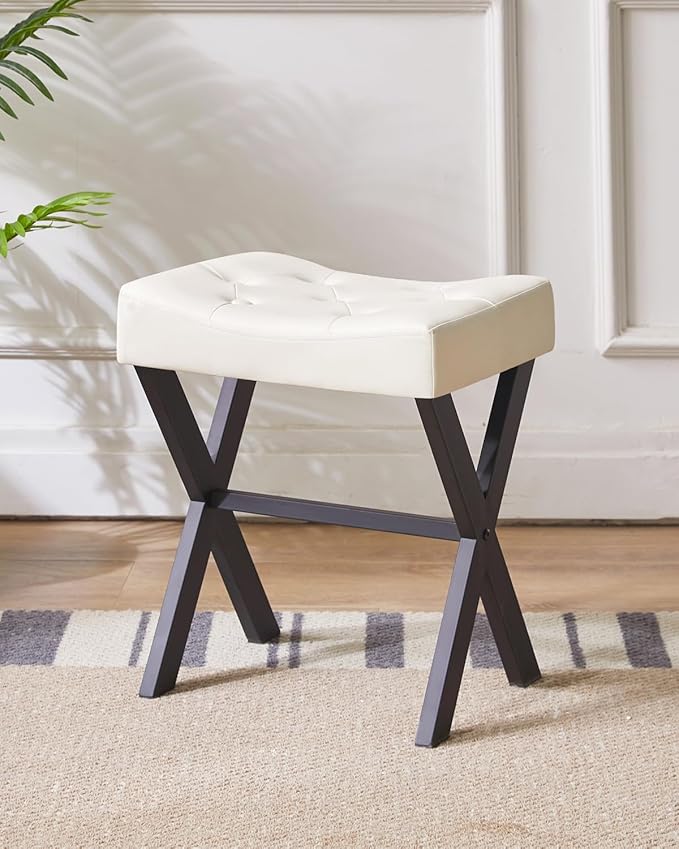 IBUYKE U-Shaped PU Vanity Stool, Square Makeup Chair with X-Leg, Ottoman Seat Footrest Stool, Multi-Use as Small Side Table, for Bedroom, Living Room, White WBD019W