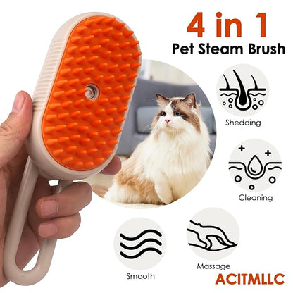 4 in 1 Cat Steam Brush for Shedding, Cleaning, Massage & Smooth, USB Rechargeable Pet Spray Hair Removal Comb, for Indoor Long/Short Haired Cats & Dogs (White)