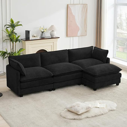 ROWHY Oversized Modular Sectional Couch with Movable Ottoman, 112" Modern Convertible L Shaped Sofa Set, 4 Seat Comfy Cloud Couch with 2 Throw Pillows, for Living Room and Office, Chenille, Black