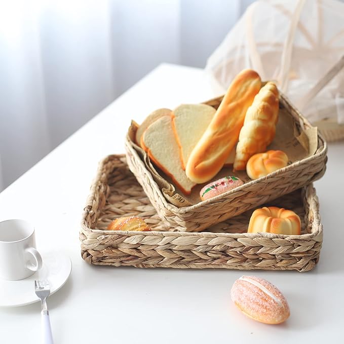 Water Hyacinth Woven Serving Tray Rectangular Hand-Woven Wicker Storage Trays for Coffee/Breakfast/Dessert/Fruit/Bread (Original Color - Small)