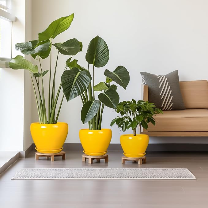 Ceramic Planters Set of 3 - Modern Round 10+8+6 Inch Plant Pots with Drainage Holes and Plant Trays for Indoor Outdoor Flowers, Decorative Garden Room Home Decor, Housewarming Gifts, Yellow