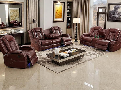Toseslo Power Recliner Sofa Set, Brown Leather 3 Pieces Sectional Couch, Living Room Furniture Sets with LED Light, Modern Power Reclining Sets with Storage Console/Cup Holder for Living Room