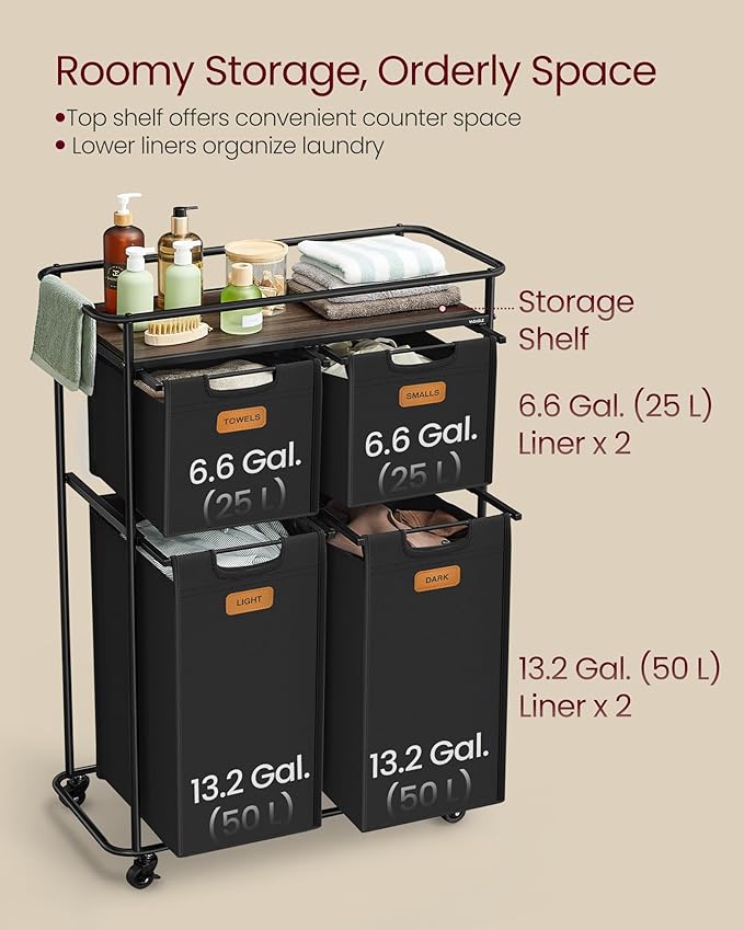 VASAGLE Laundry Sorter, Laundry Hamper with Wheels, 39.6 Gal. (150 L) Portable Rolling Cart Baskets with Shelf, 4 Removable Liners and 6 Labels, Ink Black and Chestnut Brown URLS100B01