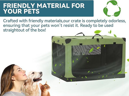 PETSFIT 26" Soft Portable Dog Crate – Patented Spiral Sturdy Frame, Collapsible Travel Kennel for Small Dogs, 3 Mesh Door, Lockable Zippers, Indoor & Car Use Green