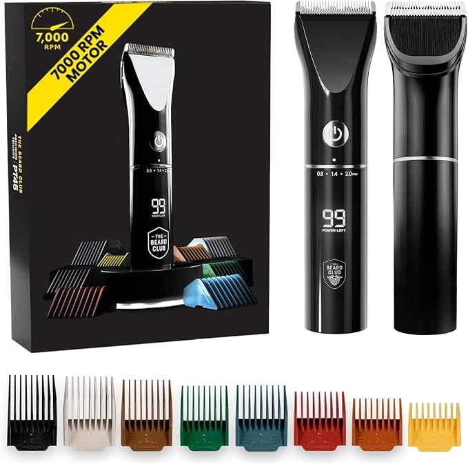 The Beard Club Beard Trimmer for Men - Electric Cordless Rechargeable Beard & Hair Trimmer - High Power 7000 RPM - 8 Color Guides 45 Unique Trim Lengths - Travel Lock