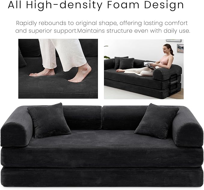 Compression Sofa - 79'' Convertible Sofa Bed, Boneless Couch in a Box, Modular Corduroy Foldable Sleeper Sofa with 2 Pillows, Loveseat Couches for Living Room (Corduroy Fabric, Black)