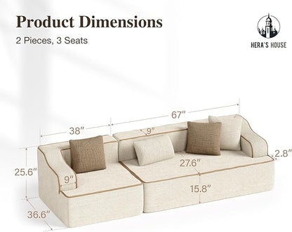 HERA'S HOUSE 105" Cloud Sectional Couch, Modular Upholstered Sofa with Wide Armrest, Corduroy Boneless Couches with 4 Throw Pillows for Living Room, No Assembly Required, Beige