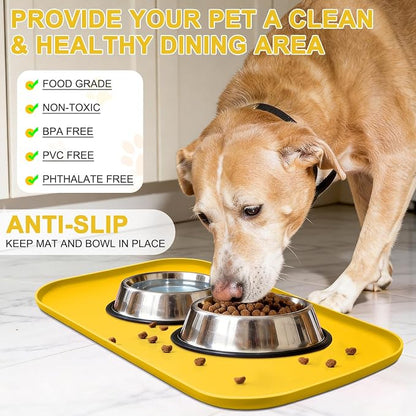 SMILOOL Waterproof Silicone Pet Food Mat with Raised Edge for Dog & Cat | 19" x 12" Non-Slip Pet Feeding Mats with Lip for Food & Water Bowl, Food Grade, Easy Cleaning, Vivid Yellow