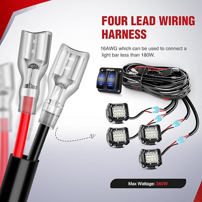 Nilight 16AWG LED Light Bar Wiring Harness Kit-4 Leads | 12V On/Off 2 Gang Laser Etched Pod Lights Rocker Switch Panel Power Relay Fuse 5Pin Toggle for Cars Boat ATV Trucks