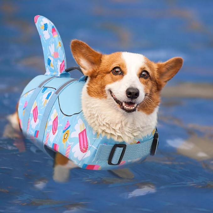 Shark Dog Life Vest for Swimming, Boating, Kayaking, Surfing, Canoeing - High Buoyant Dog Life Jacket, Ripstop High Flotation Swimsuit for Small, Medium, Large Dogs (Blue, Medium)