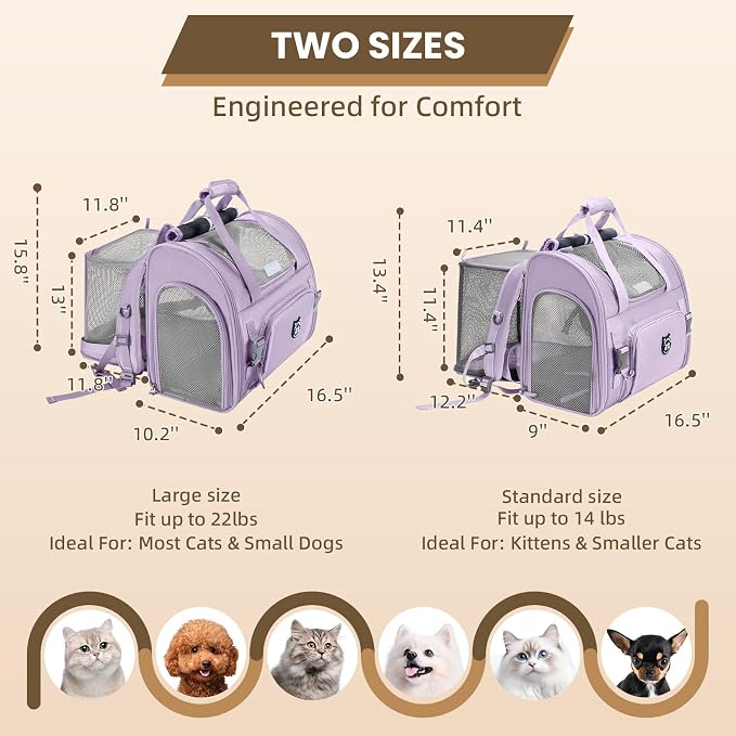 Expandable Cat Carrier Backpack for Large Cats - Airline Approved Pet Carrier Backpack for Small Dogs, Hiking & Travel, Waterproof with Breathable Mesh, 14lbs Capacity (Lavender, Standard)