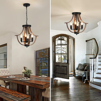 Farmhouse Hanging Pendant Lighting, 4-Light Rustic Flush Mount Ceiling Light Fixture,Modern Faux Wood Vintage Chandelier for Dining Room Kitchen Island Foyer Hallway Entryway Bedroom
