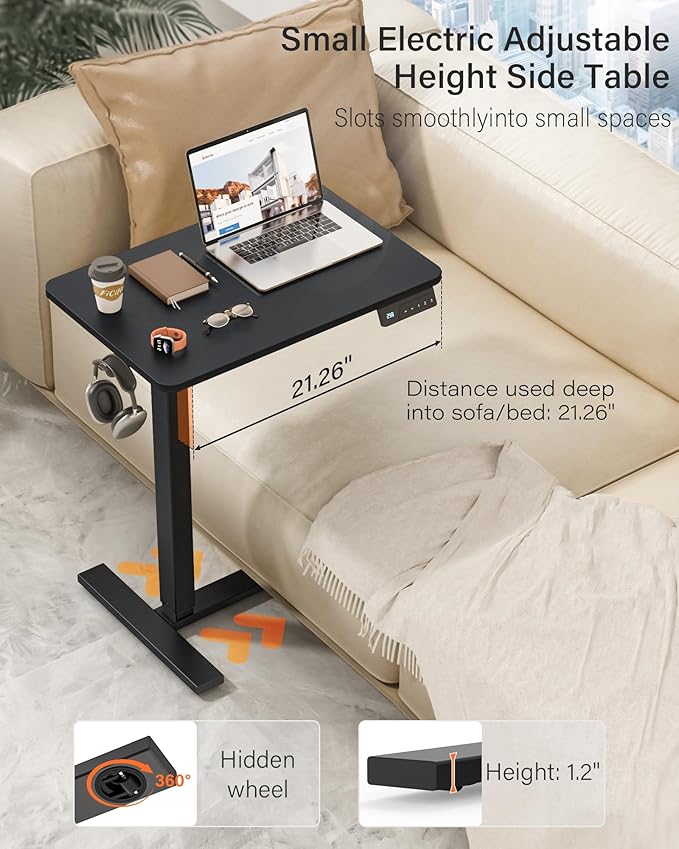 FiCiHi Small Electric Standing Desk - Adjustable Height Bedside Laptop Table with Wheels, Mobile, Portable Rolling Computer Workstation Sit Stand Table for Home Office, Sofa, Couch Use (28x16, Black)