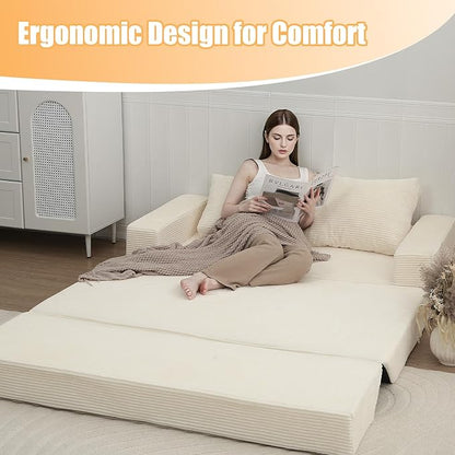 COMAX Convertible Sofa Bed Queen, Corduroy Folding Floor Couch Pull Out Couch Bed Futon Sleeper with Pillows, Fold Out Boneless Sofa Comfy Lounge Mattress Loveseat for Living Room Bedroom, Beige