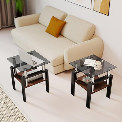 Set of 2 Modern Square Tea Tables, Tempered Glass Coffee and End Tables with MDF Layer for Living Room, Gray/Black