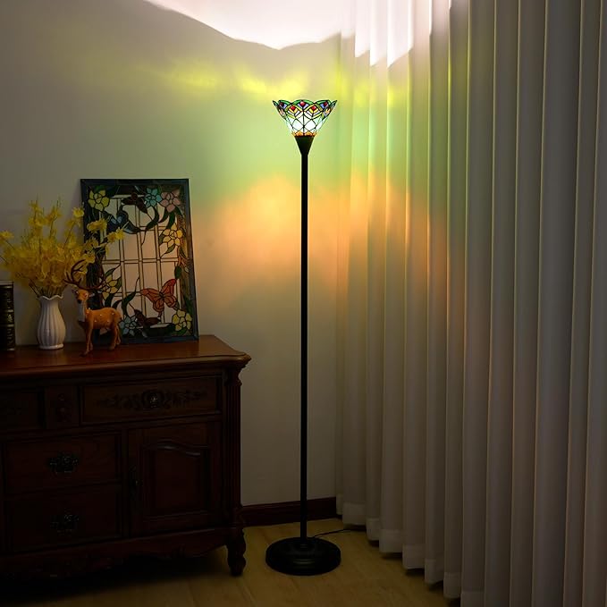 Tiffany Torchiere Floor Lamp Green Peacock Tail Style Stained Glass Floor Light Antique Tall Standing Lamp Handcrafted Pole Reading Uplight Lamp for Home Office Living Room