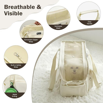 Pawaboo Dog Purse Carrier for Small,Under 9 Lbs | Large Pockets,Safety Leash,Soft Cushion,Breathable Mesh Window,Lightweight Travel,Beige