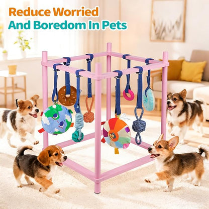 Wooden Puppy Play Gym for Small Dog with 8 Hanging Toys, Pink Frame | Wood Puppy Jungle Gym Indoor & Dog Enrichment Toys for Puppies 0-6 Months