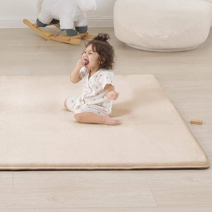 PAPAMAT 1.3" Thick Baby Floor Play Mat 71x79, Basic Padded Foam Mat for Tummy Time Crawling, Non Slip Cushioned for Babies Toddlers Infants Kids (Beige)