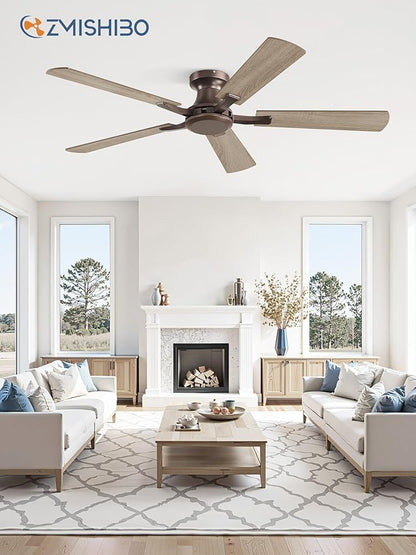 ZMISHIBO 52 Inch Ceiling Fan No Light, Flush Mount Low Profile, Farmhouse Brown