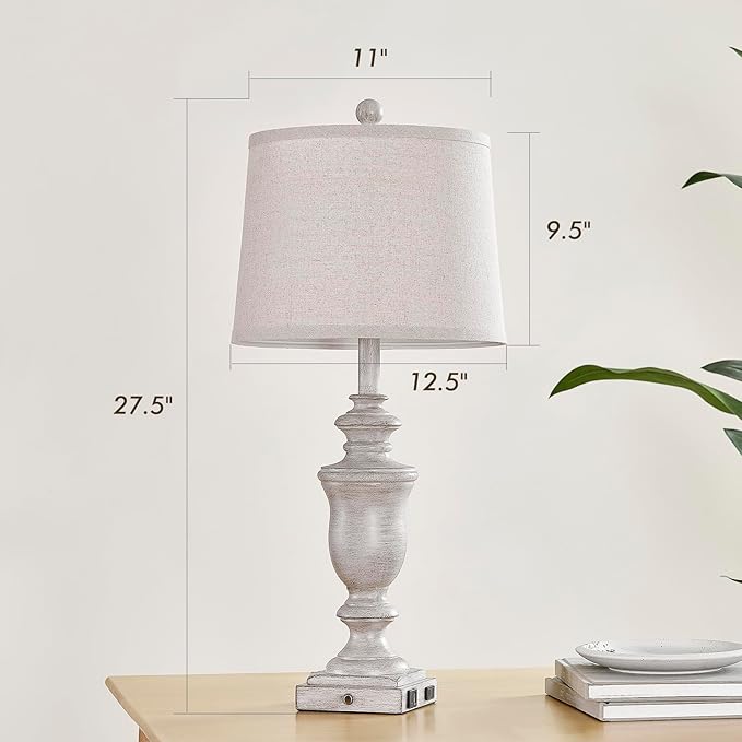 27.5" Set of 2 Farmhouse Table Lamps for Bedroom, 3 Way Dimmable Bedside Lamp with 2 USB +AC Outlet Nightstand Lamps for Living Room Resin Rustic Touch Lamps (Antique Gray)