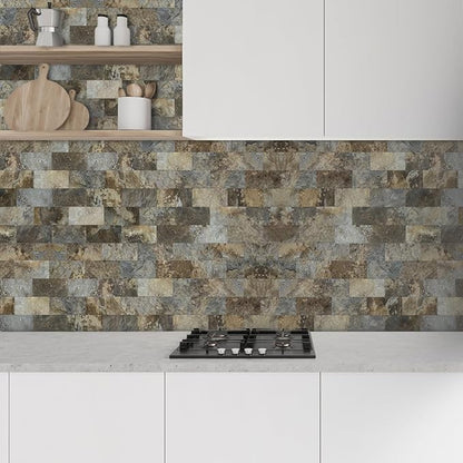 AULIGET 100-Piece Beige & Brown Slate Peel and Stick Backsplash Wall Tiles
