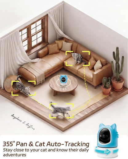 ALIOBC Pet Camera with Phone App Laser Toy 2K Cat Camera no Subscription | Auto Tracking Night Vision 355° Pan 2-Way Audio Dual-Band WiFi Indoor Pet Cam （Sky Blue）