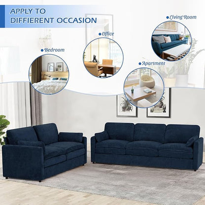 2 Pieces Chenille Sofa Set w/Arm Pillows, Upholstered Loveseat & 3 Seater Sofa w/Comfortable Back Cushions, Modern 2-Seat & 3-Seat w/High-Density Foam for Living Room, Apartment, Blue