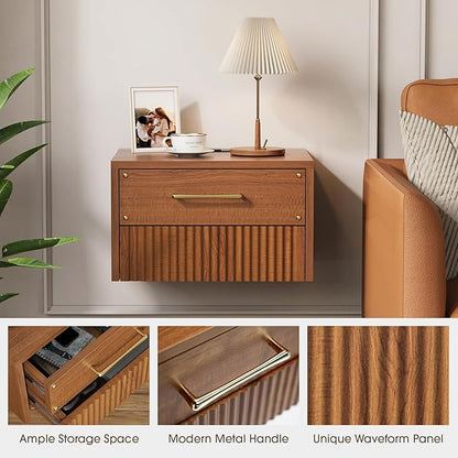 Floating Nightstand Set of 2, Mid Century Modern Wall Mounted Bedside Table with Charging Station, Fluted End Table with Storage Drawers for Bedroom, Home Small Space, Cherry, 2 PCS