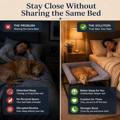 Adjustable Bedside Dog Bed for Medium Dogs | Elevated Co-Sleeper Dog Bed with Metal Frame, Thick Supportive Cushion Mattress & Washable Cover, Dog Bedside Sleeper