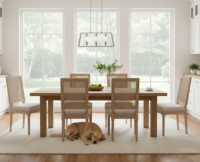 CIMOTA Farmhouse Dining Chairs Set of 6, French Rattan Dining Room Chairs with Rectangle Back/Distressed Wood Upholstered Vintage Side Chairs for Kitchen/Restaurant, Beige/6PCS
