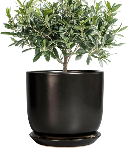 Ceramic Flower Pot 8 Inch - Modern Round Planter for Indoor Outdoor Plants with Drainage Hole and Saucer, Home House Room Office Patio Decor, Black