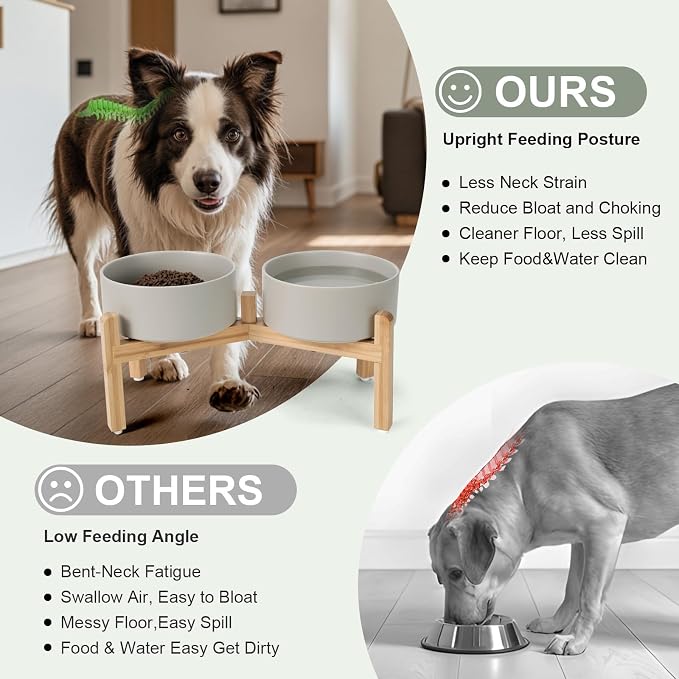 SPUNKYJUNKY Elevated Dog Bowls Ceramic, 7.3'' Dogs Food Water Bowls Raised with Non-Slip Bamboo Stand for Medium to Large Sized Breed Microwave Dishwasher Safe - 42 OZ,Grey