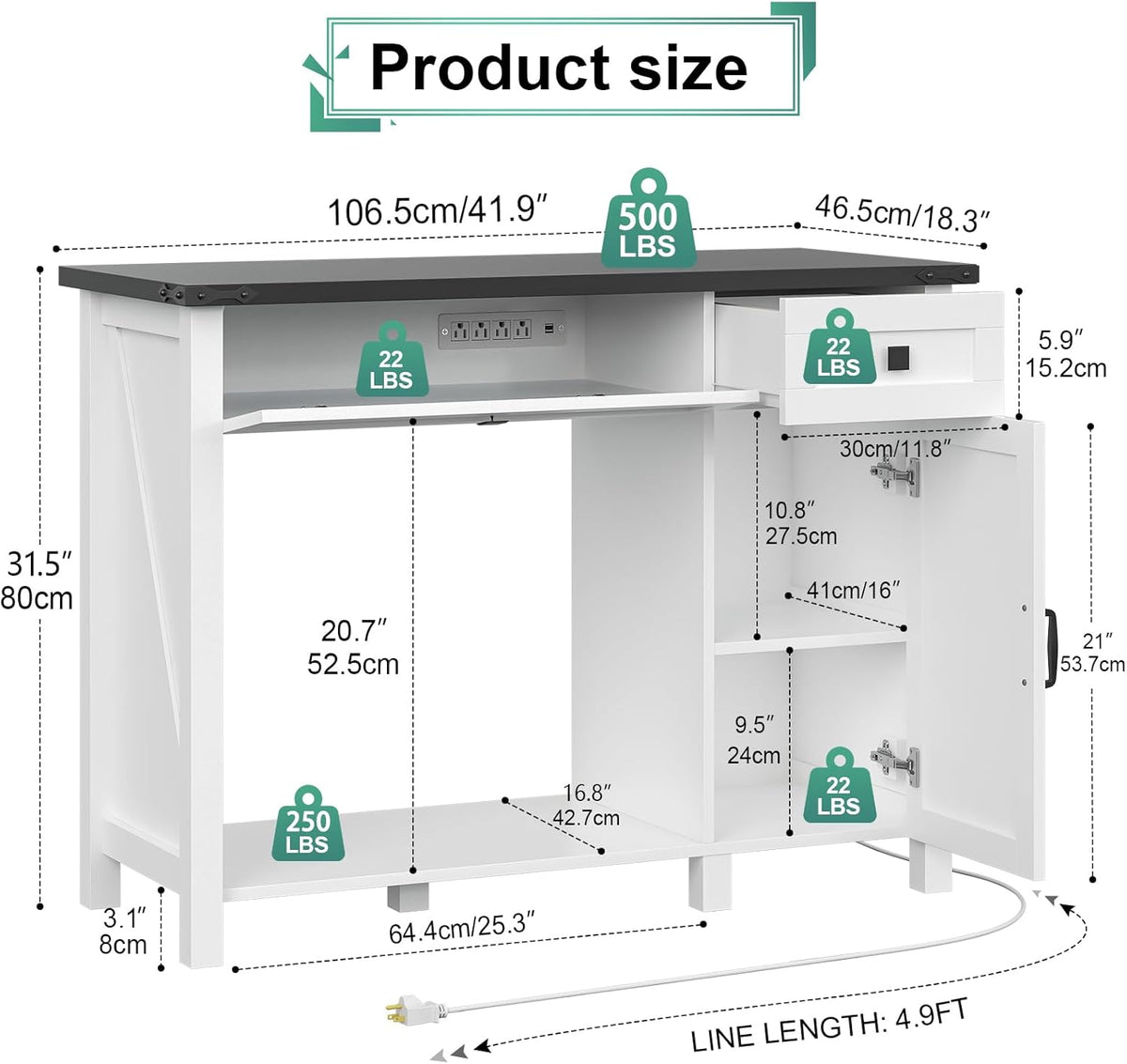 40 Gallon Aquarium Stand With Charging Station, Farmhouse Fish Tank Stand, Reptile Tank Stand Terrarium Stand with Drawer and Cabinet Storage, Sturdy Heavy Duty 41.9"×18.3" Tabletop - White