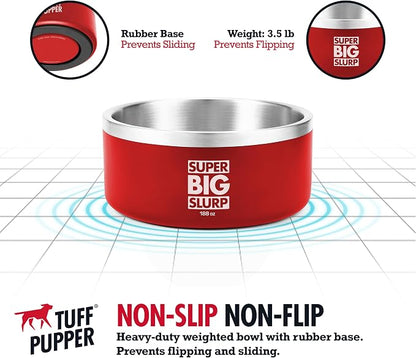 Tuff Pupper Heavy Duty Insulated Dog Bowl | Double Wall Stainless Steel Dog Food Dish | Non-Slip Spill Proof Dishwasher Safe Cat Bowl | Water Dish for Feeding Large Medium Small Pets (188oz, Red)
