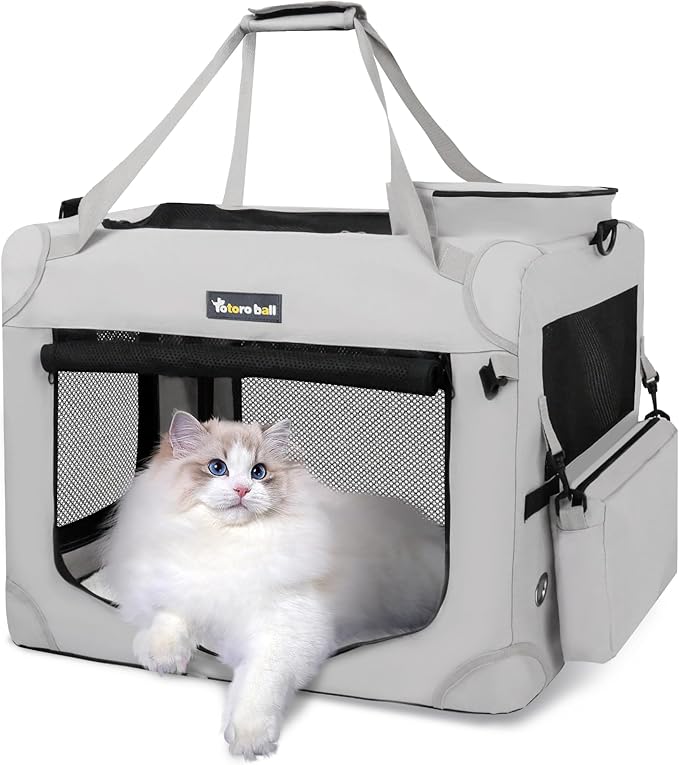Large Cat Carrier for Cats Collapsible Soft Pet XL Crate for Large/Medium Cats 15lbs+, Car Travel Portable Bag with Water Bottle Slot Ideal for Long Trips (Grey, 20.0"L x 14.0"W x 14.0"H)