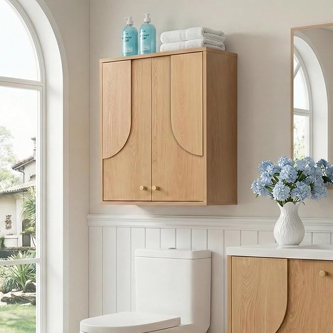 Arched Wood Medicine Cabinet for Bathroom-Mid Century Modern Wall Storage
