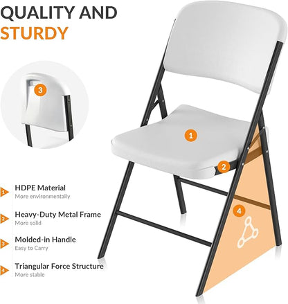Elevon Folding Chairs Heavy Duty Plastic Chairs with 350-Pound Capacity for Home Office Camping Kitchen Dining Wedding Party Event Picnic, White, 6-Pack