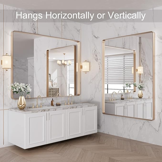 LOAAO 48”X36” Gold Bathroom Mirror, Rounded Rectangle Gold Frame Mirror