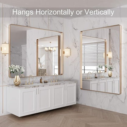 LOAAO 48”X36” Gold Bathroom Mirror, Rounded Rectangle Gold Frame Mirror