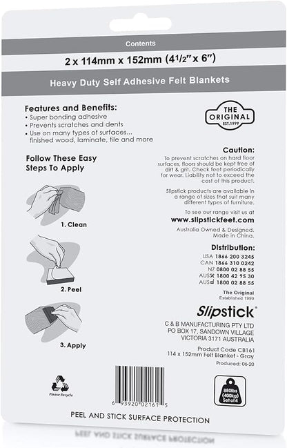 Slipstick Premium Wool Felt Sheet Furniture Pads/Floor Surface Protectors (6 Inch x 4-1/2 inch) Includes 2 Large Felt Pad Blankets with Self Stick Backing, Gray, CB161