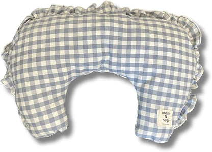 MOM N POP Pet Nap Pillow – Washable Gingham Check Cushion for Dogs & Cats, Soft Neck Support Bed (Beige/Blue) (Blue)