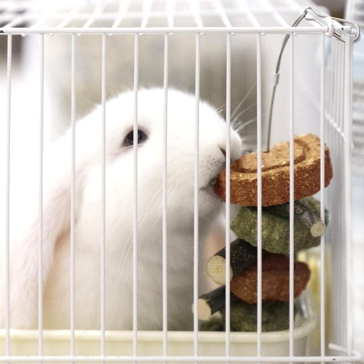 Rabbit Chew Toy,Bunny Chew Toys for Teeth Grinding,Natural Apple Branch Teething Sticks with Hay Grass Cake Improve Dental Health Bunny Hanging Chew Toys for Rabbits,Chinchillas,Hamster (4 Pcs)