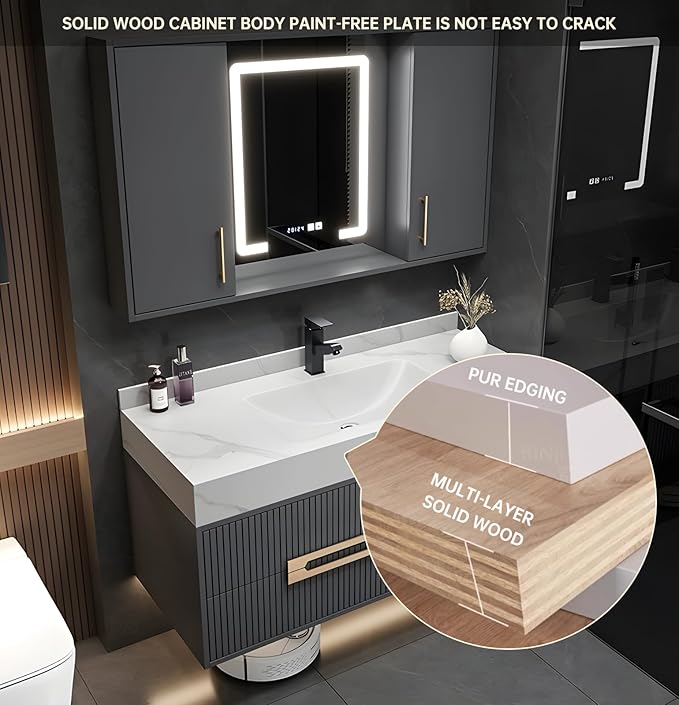 Floating Bathroom Vanity with Sink, 24IN Bathroom Vanities Cabinet Includes LED