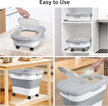 Rice Storage Containers, Collapsible 20 to 30Lbs Food Storage Bin Dispenser with Rolling Wheel and Clear Airtight Lid, BPA Free Flour, Sugar, Cereal and Dog Cat Pet food Containers