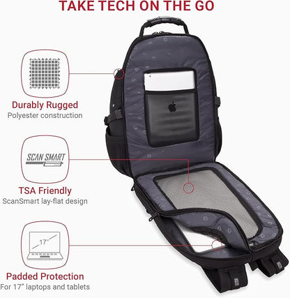 SWISSGEAR 1900 ScanSmart TSA Laptop Backpack Fits 17 Inch Laptop with RFID Protection and Tablet Pocket, Black/Black, 19-Inch