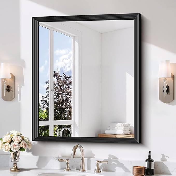 Black Bathroom Mirror 30 x 36 Inch Rectangle Wave Beveled