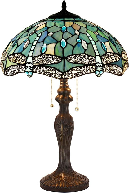 Tiffany Table Lamp Sea Blue Stained Glass Dragonfly Style 16X16X24 Inch Antique Reading Light